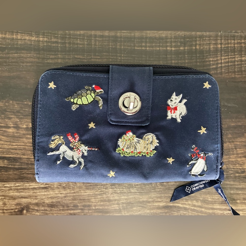 Vera Bradley Turnlock Wallet Christmas Animals Embroidered Snow Globe Motifs